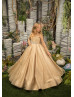 Gold Sparkle Tulle Flower Girl Dress With Beaded Belt
